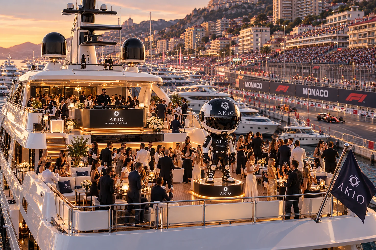 Kio, figura de 2,8 metros con casco de piloto, en la cubierta del yate AKIO durante el Gran Premio, con invitados y el circuito al fondo