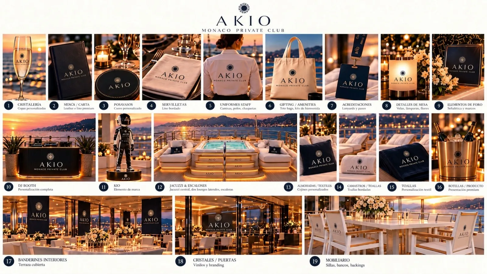 Ejemplos de branding a bordo: copas, cartas, servilletas, uniformes, cojines, toallas y DJ booth