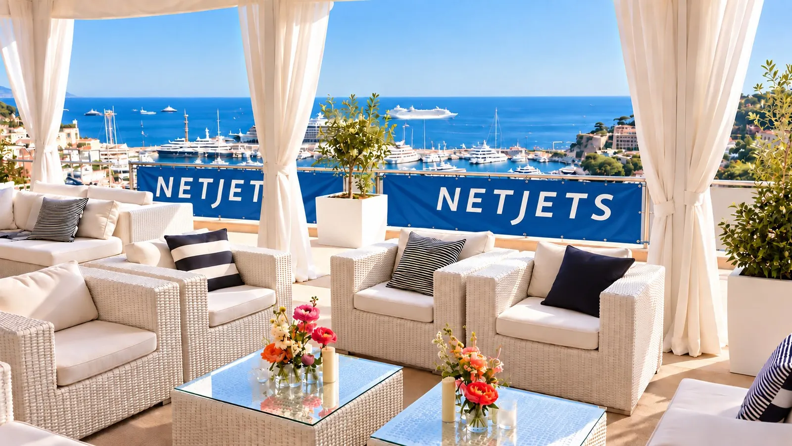 Terraza con branding de un partner y vistas al puerto de Mónaco