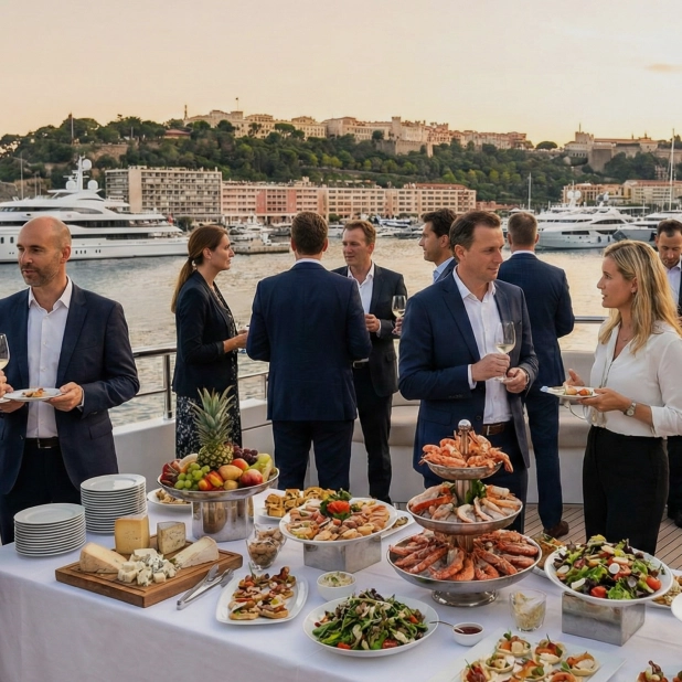 Foto de un grupo de nueve personas en una reunión comiendo en un banquete.
