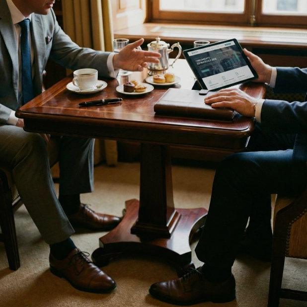 Foto de dos personas charlando en una mesa.