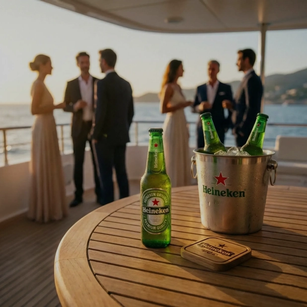 Foto de un grupo de seis personas charlando y bebiendo cerveza heineken.