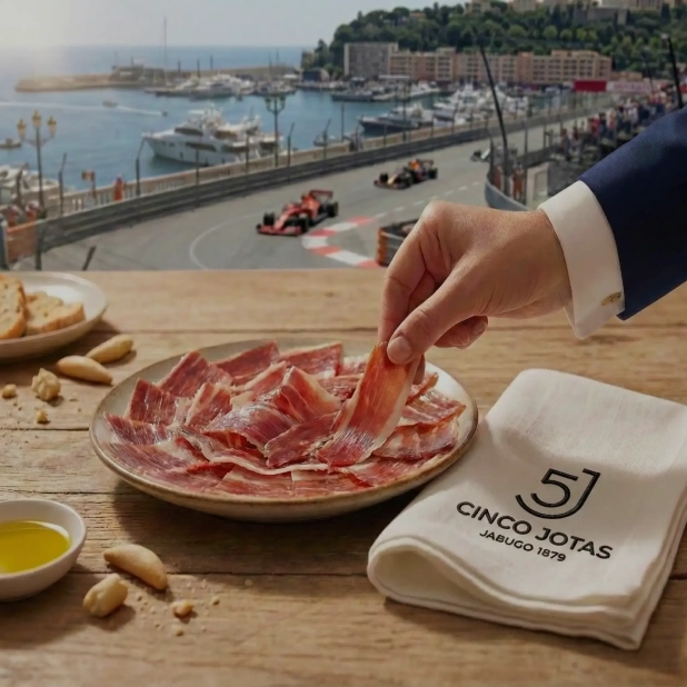 Foto de la mano de una persona tomando jamón serrano.